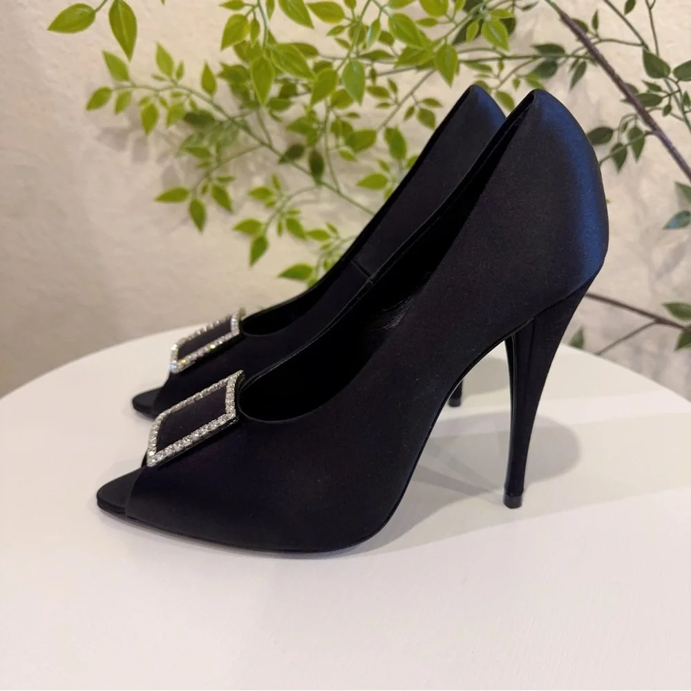 Authentic Saint Laurent Black Frankly 115 Satin Peep Pump Sandals Size 38.5 NIB - Picture 5 of 15